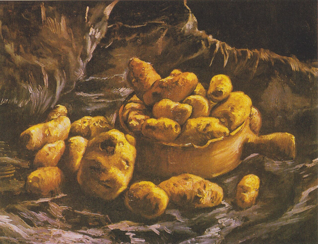 Van Gogh still life of potatoes in an earthen bowl against a dark background