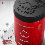 Fireblood lid embossing and red flame branding detail